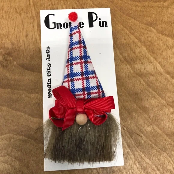 Red White Blue Gnome Pin Brooch Handmade Bow Gift Guide 4th of July USA Plaid - Picture 2 of 6